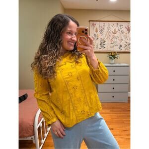 J. Crew Mustard Yellow Eyelet Long-Sleeve Women's Top Cotton Medium